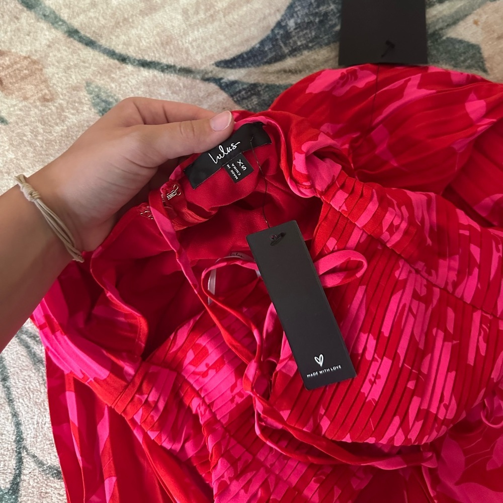 Lulu's Red and Pink Floral Pleated Midi Dress - Picture 6 of 6